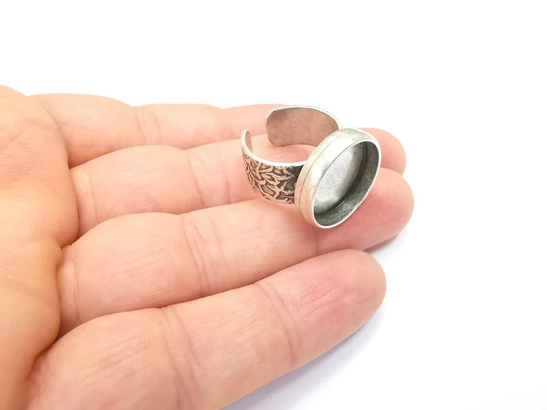 Round Antique Silver Ring Blank Setting, Cabochon Mounting, Adjustable Resin Ring Base Bezels, Inlay Ring Mosaic Ring Bezel (18mm) G28656