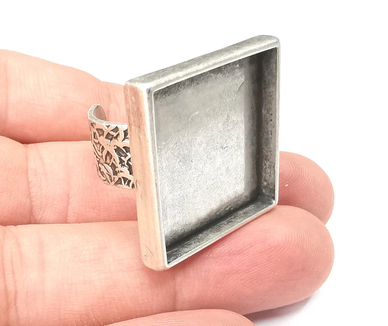 Square Ring, Branch Ring Blank Setting, Cabochon Mounting, Adjustable Resin Base Bezels, Antique Silver Plated (25mm) G28662