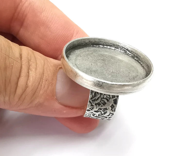 Round Ring, Branch Ring Blank Setting, Cabochon Mounting, Adjustable Resin Base Bezels, Antique Silver Plated (30mm) G28670