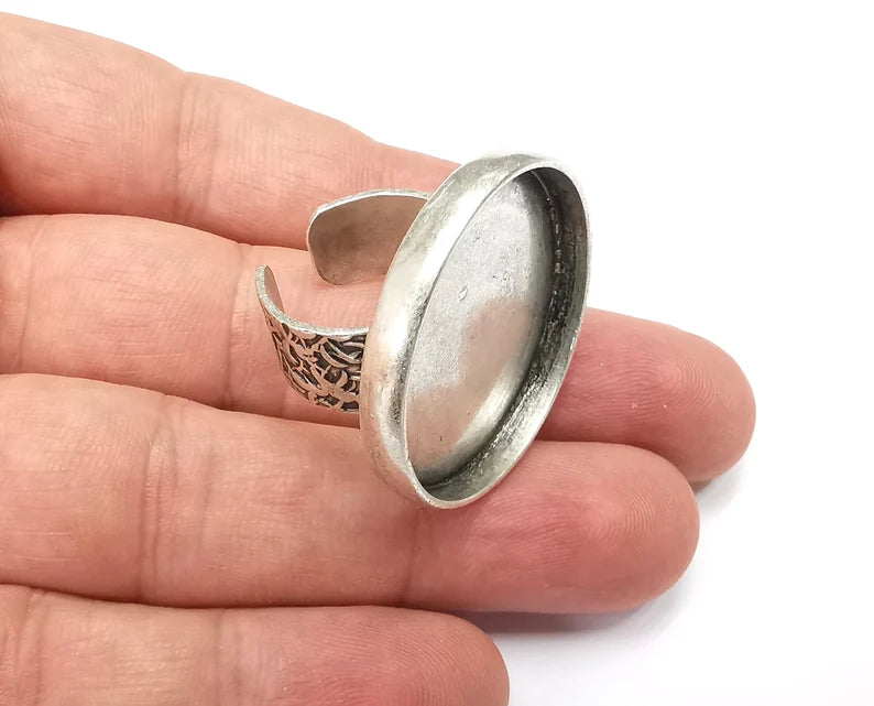 Round Ring, Branch Ring Blank Setting, Cabochon Mounting, Adjustable Resin Base Bezels, Antique Silver Plated (30mm) G28670