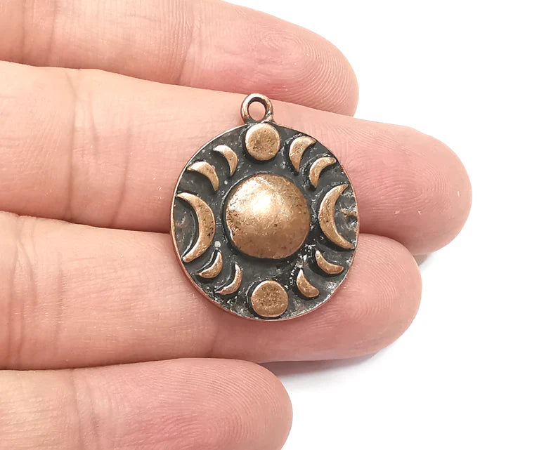 Crescent Moon Charms The Phases of The Moon, Round Hammered Antique Copper Plated (29x25mm) G28671