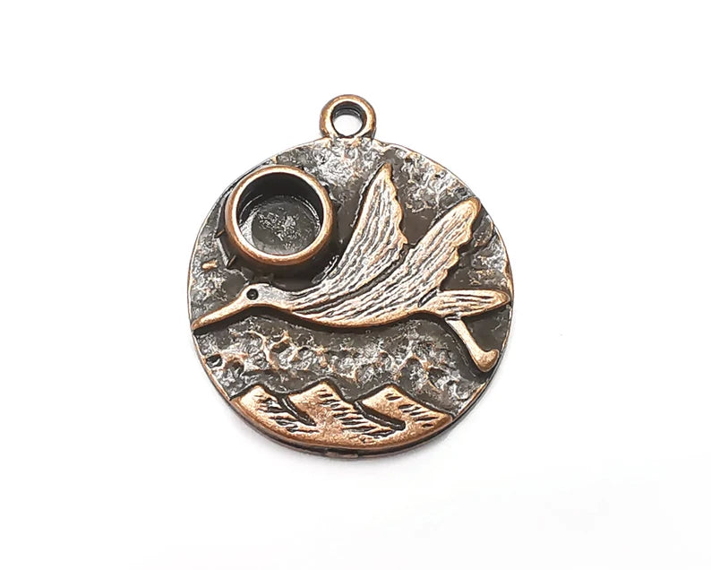 Stork and Mountains Charms Pendant Bezel, Resin Blank, inlay Mounting, Mosaic Frame Cabochon Base, Antique Copper Plated (6mm) G28679