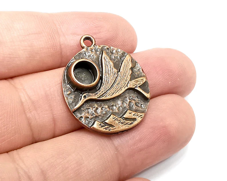 Stork and Mountains Charms Pendant Bezel, Resin Blank, inlay Mounting, Mosaic Frame Cabochon Base, Antique Copper Plated (6mm) G28679