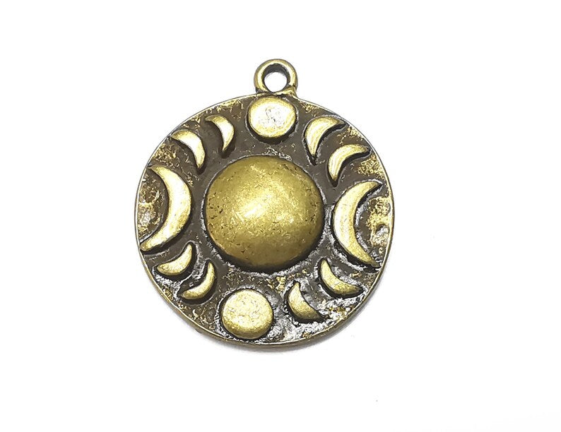 Crescent Moon Charms The Phases of The Moon, Round Hammered Antique Bronze Plated (29x25mm) G28682