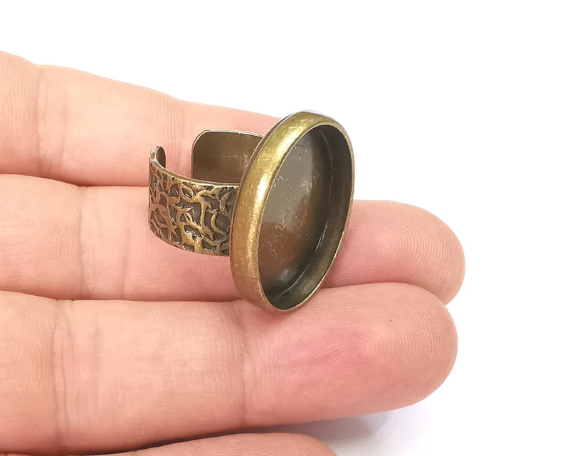 Oval Ring, Branch Ring Blank Setting, Cabochon Mounting, Adjustable Resin Base Bezels, Antique Bronze Plated (25x18mm) G28692