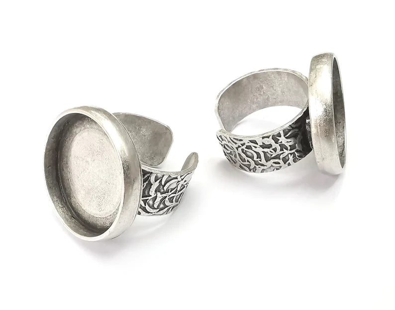 Round Antique Silver Ring Blank Setting, Cabochon Mounting, Adjustable Resin Ring Base Bezels, Inlay Ring Mosaic Ring Bezel (22mm) G28698