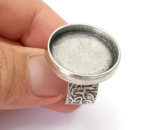 Round Antique Silver Ring Blank Setting, Cabochon Mounting, Adjustable Resin Ring Base Bezels, Inlay Ring Mosaic Ring Bezel (22mm) G28698