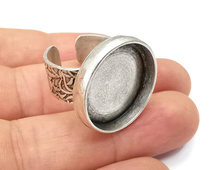 Round Antique Silver Ring Blank Setting, Cabochon Mounting, Adjustable Resin Ring Base Bezels, Inlay Ring Mosaic Ring Bezel (22mm) G28698