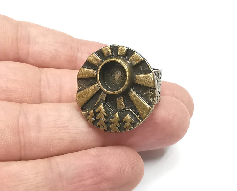 Sunlight Tree Jungle Mountain Ring Blank Setting, Cabochon Mounting, Adjustable Resin Ring Base Bezels, Antique Bronze Plated (8mm) G28810