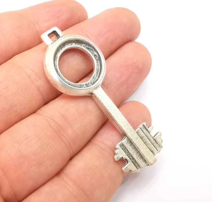 Key Pendant Bezel Antique Silver Plated Pendant (56x21mm) G28813