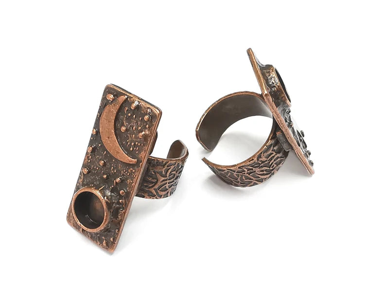 Sky Crescent Moon Ring Blank Setting, Cabochon Mounting, Adjustable Resin Ring Base, Antique Copper Inlay Mosaic Ring Bezel (8mm) G28812