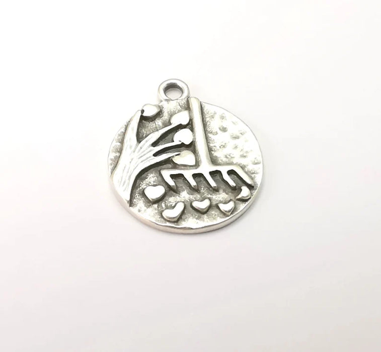 Heart Leaf Tree and Mop Charms Antique Silver Plated Charms (23x19mm) G28826