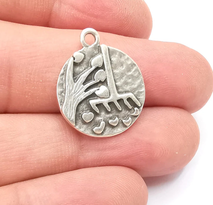 Heart Leaf Tree and Mop Charms Antique Silver Plated Charms (23x19mm) G28826