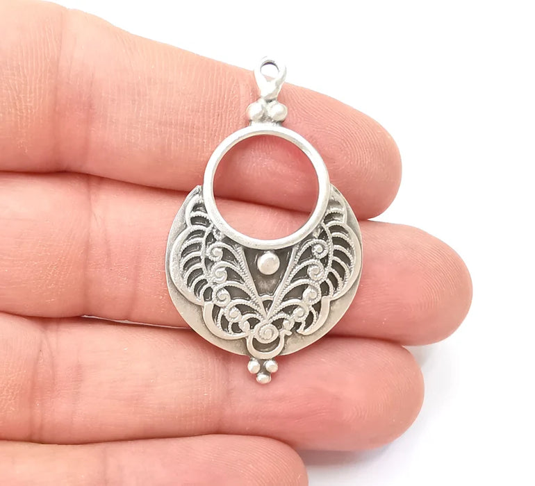 Unique Pattern Dangle Charms, Antique Silver Plated Charms (44x26mm) G28827