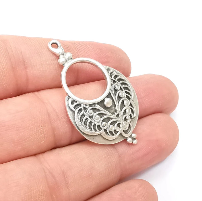 Unique Pattern Dangle Charms, Antique Silver Plated Charms (44x26mm) G28827