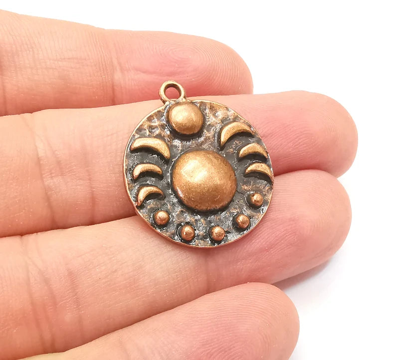 Crescent Moon Charms The Phases of The Moon, Round Hammered Ethnic Antique Copper Plated (29x25mm) G28833