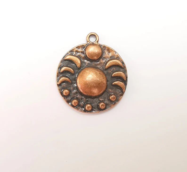 Crescent Moon Charms The Phases of The Moon, Round Hammered Ethnic Antique Copper Plated (29x25mm) G28833