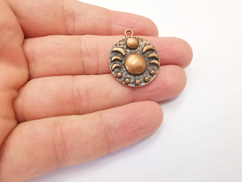 Crescent Moon Charms The Phases of The Moon, Round Hammered Ethnic Antique Copper Plated (29x25mm) G28833