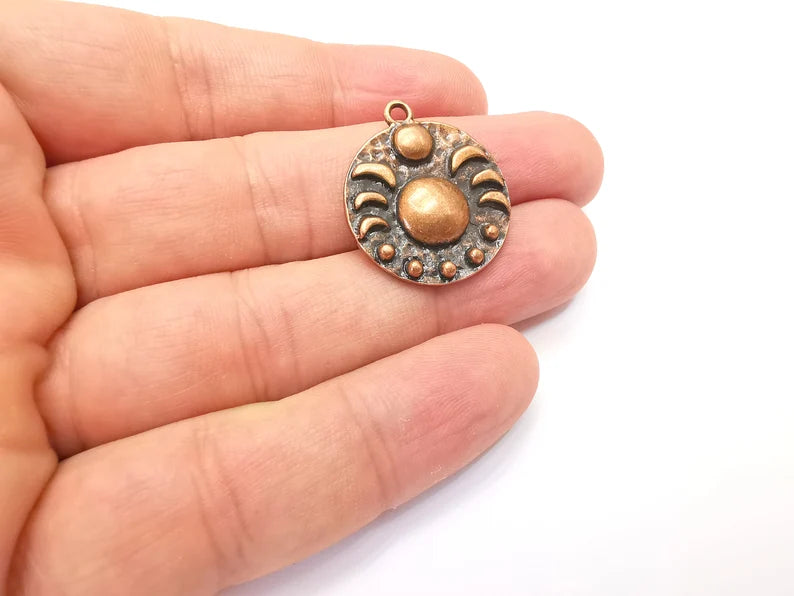 Crescent Moon Charms The Phases of The Moon, Round Hammered Ethnic Antique Copper Plated (29x25mm) G28833