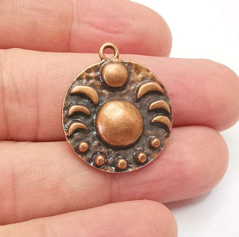 Crescent Moon Charms The Phases of The Moon, Round Hammered Ethnic Antique Copper Plated (29x25mm) G28833