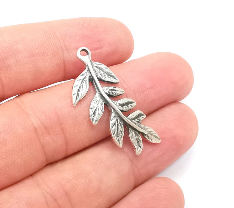 4 Leaf Charms, Leafy Branch Plant Charms, Antique Silver Plated (35x15mm) G28835