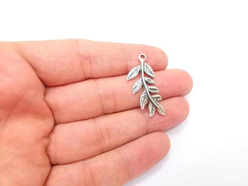 4 Leaf Charms, Leafy Branch Plant Charms, Antique Silver Plated (35x15mm) G28835