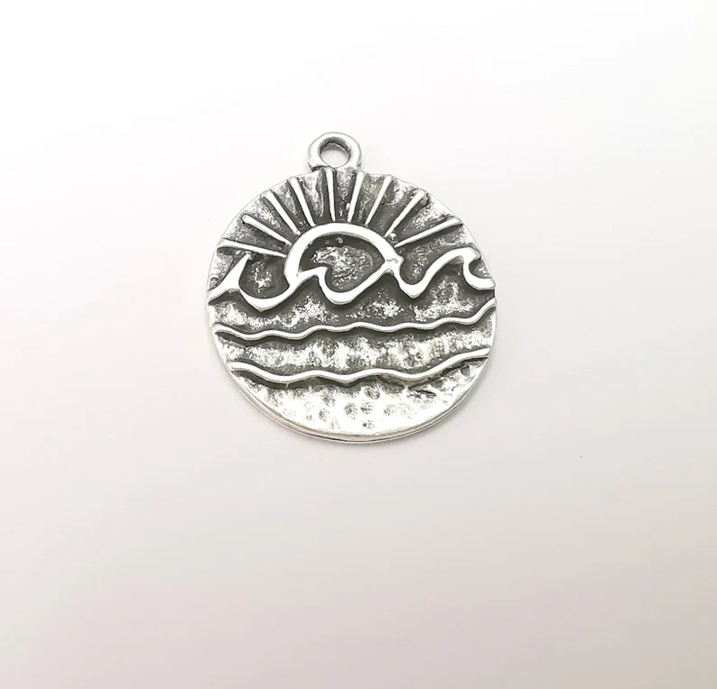 2 Wavy Sea and Sun Charm, Antique Silver Plated Charms (25x22mm) G28837