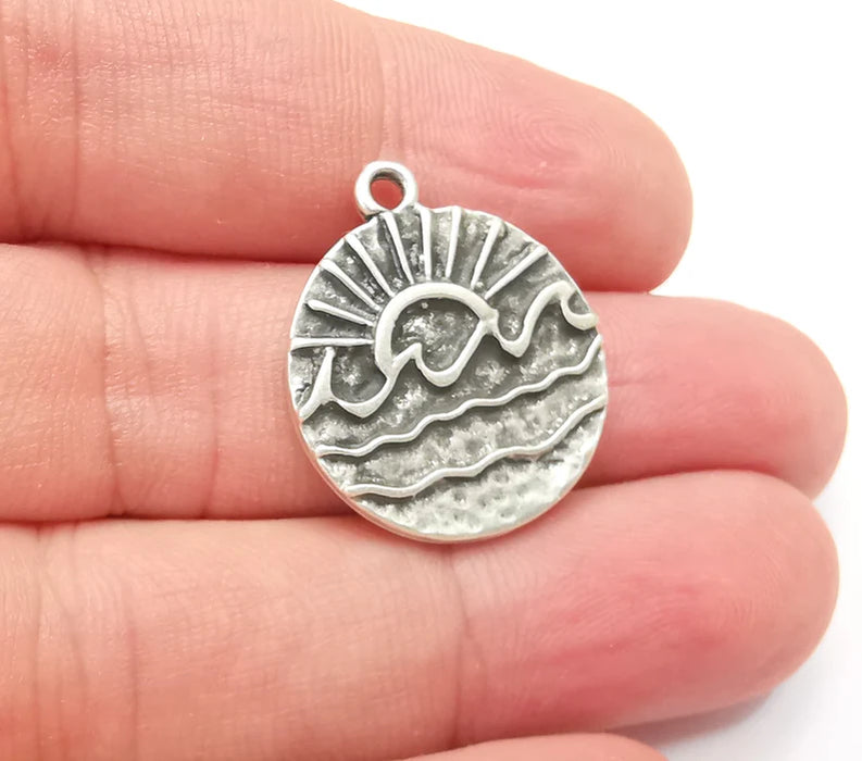 2 Wavy Sea and Sun Charm, Antique Silver Plated Charms (25x22mm) G28837