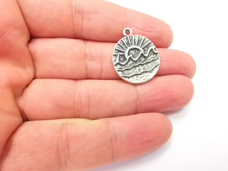2 Wavy Sea and Sun Charm, Antique Silver Plated Charms (25x22mm) G28837