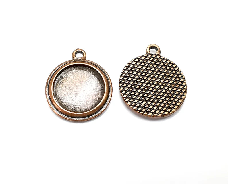 2 Round Charm Bezel, Resin Blank, inlay Mounting, Mosaic Pendant Frame, Cabochon Base, Dry Flower Setting, Antique Copper Plated (15mm) G28845