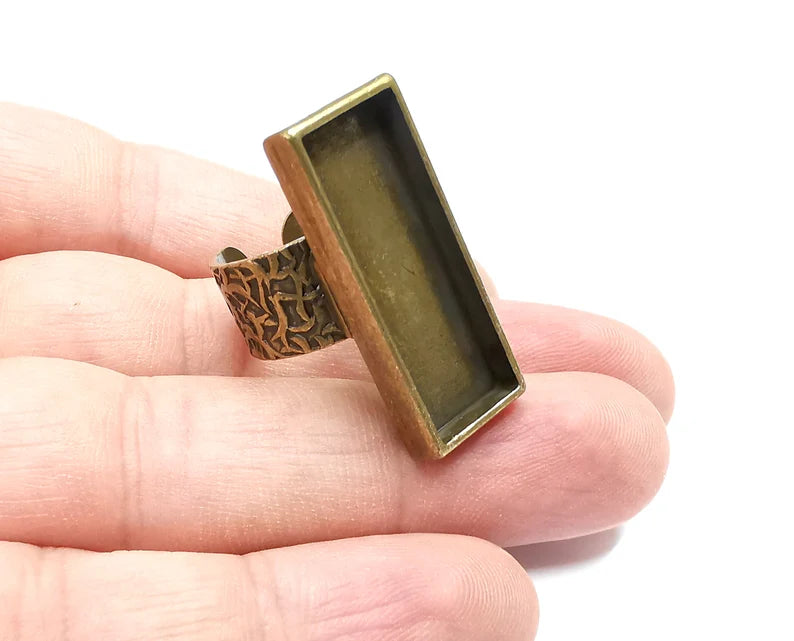 Rectangle Antique Bronze Ring Blank Setting, Cabochon Mounting, Adjustable Resin Ring Base Bezels, Inlay Ring Mosaic Bezel (30x10mm) G28848