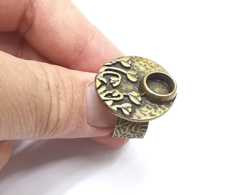 Flower Ring Setting , Tulip Ring, Hammered Round Ring Blank , Cabochon Mounting, Adjustable Resin Base Bezels, Antique Bronze (8mm) G28852