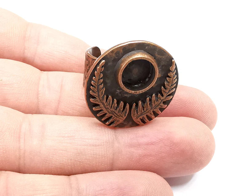 Fern Leaf Ring Blanks Settings, Cabochon Mounting, Adjustable Resin Ring Base Bezels, Antique Copper Plated Brass (8mm) G28857