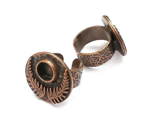 Fern Leaf Ring Blanks Settings, Cabochon Mounting, Adjustable Resin Ring Base Bezels, Antique Copper Plated Brass (8mm) G28857