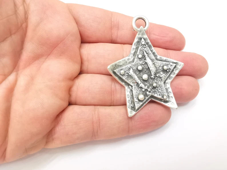 Star Charms, Falling Star Charm, Antique Silver Plated Night Sky Charms (56x43mm) G28872