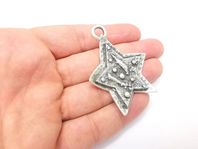 Star Charms, Falling Star Charm, Antique Silver Plated Night Sky Charms (56x43mm) G28872