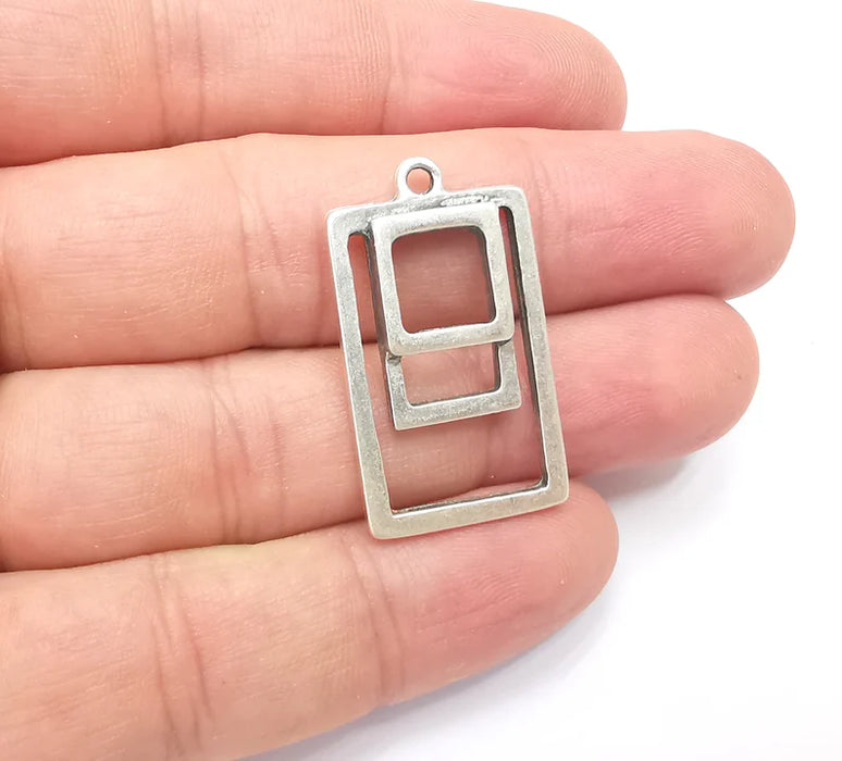 Square Rectangle Bezel Charms, Antique Silver Geometric Plated (34x18mm) G28875