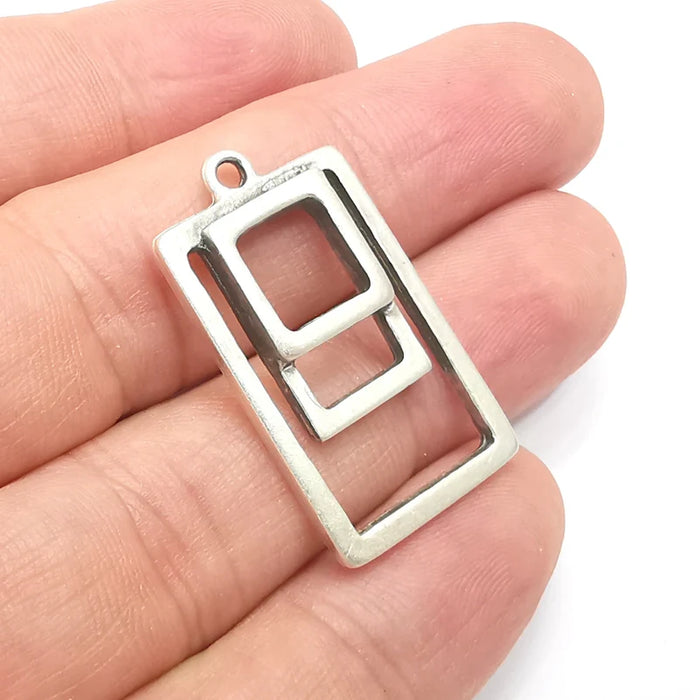 Square Rectangle Bezel Charms, Antique Silver Geometric Plated (34x18mm) G28875