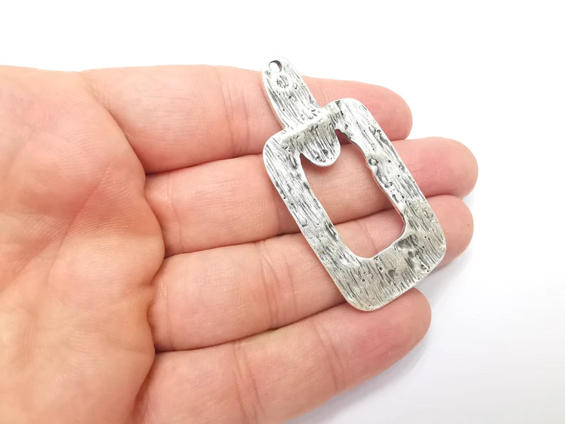Unique Hammered Silver Pendant Antique Silver Plated Charms (58x28mm) G28876