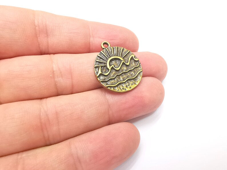 2 Wavy Sea and Sun Charm, Antique Bronze Plated Charms (25x22mm) G28881
