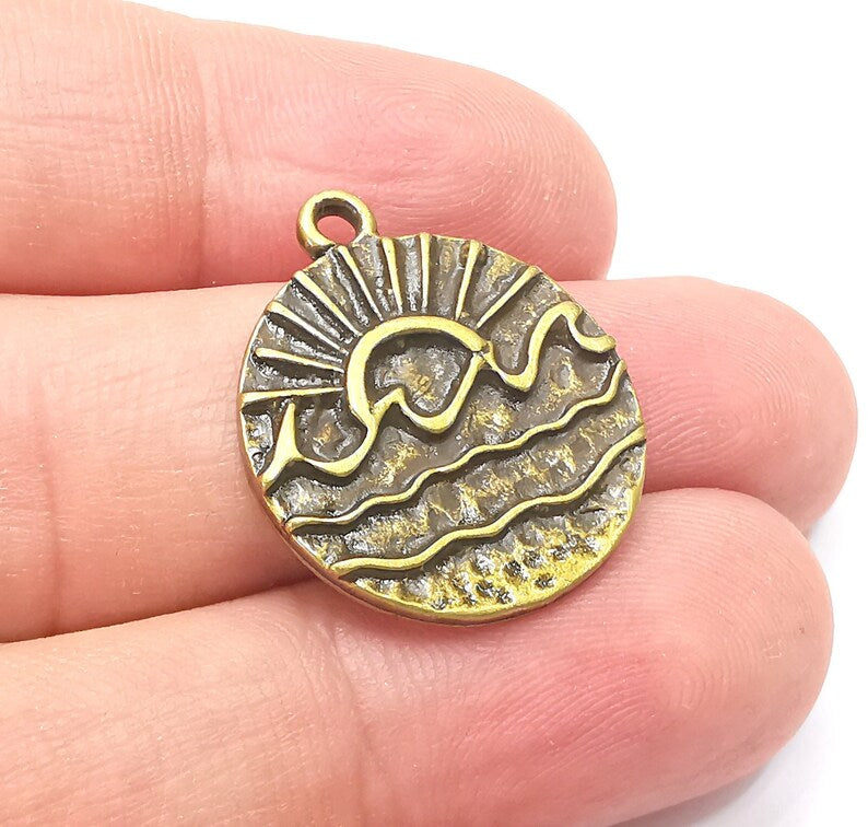 2 Wavy Sea and Sun Charm, Antique Bronze Plated Charms (25x22mm) G28881
