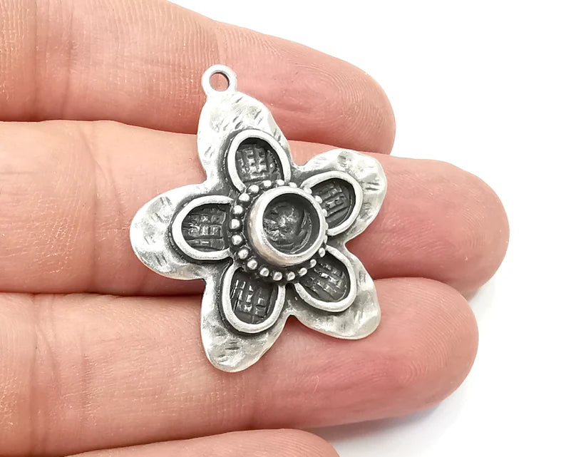 Flower Pendant Bezel, Resin Blank, inlay Mountings, Mosaic Frame, Cabochon Bases, Dry Flower Settings, Antique Silver Plated (6mm) G28882