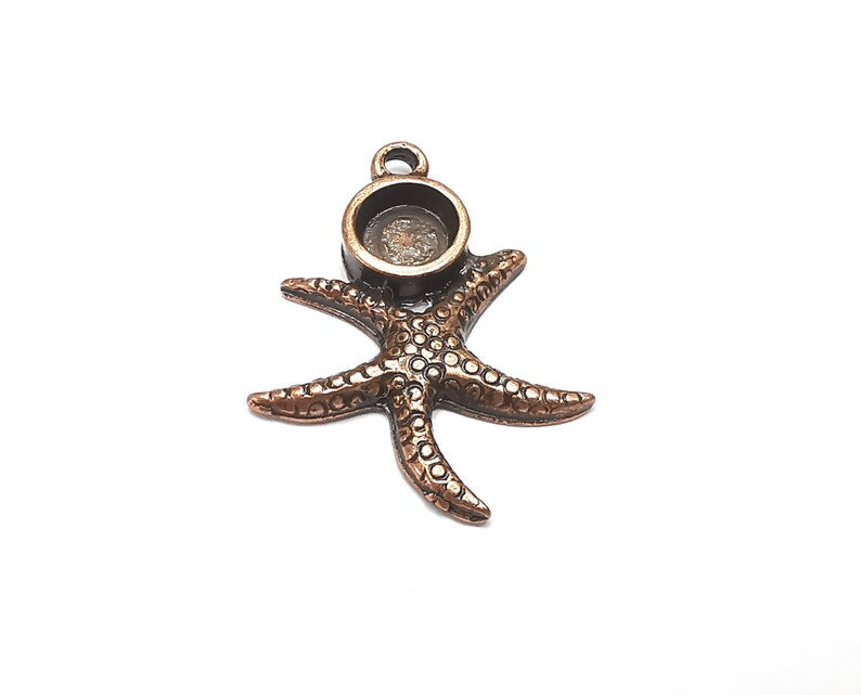 2 Starfish Pendant Bezel, Resin Blank, inlay Mounting, Mosaic Frame Cabochon Base Dry Flower Setting, Antique Copper Plated 6mm bezel G28895