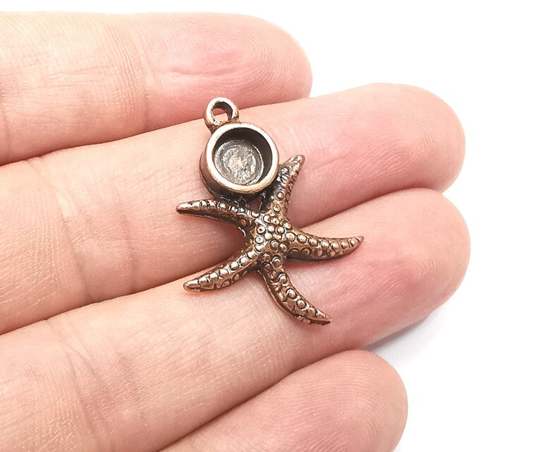 2 Starfish Pendant Bezel, Resin Blank, inlay Mounting, Mosaic Frame Cabochon Base Dry Flower Setting, Antique Copper Plated 6mm bezel G28895