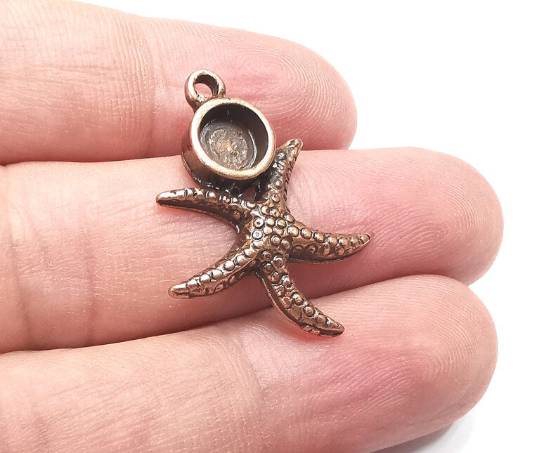 2 Starfish Pendant Bezel, Resin Blank, inlay Mounting, Mosaic Frame Cabochon Base Dry Flower Setting, Antique Copper Plated 6mm bezel G28895