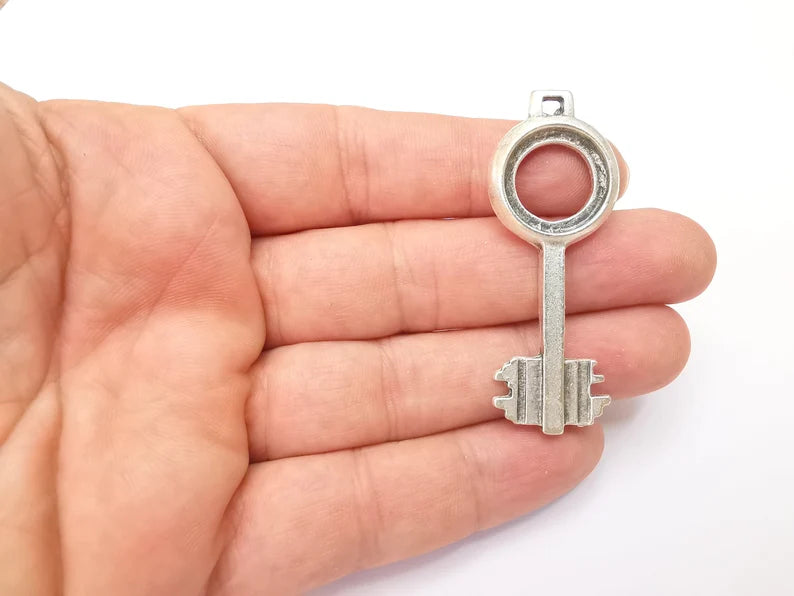 Key Pendant Bezel Antique Silver Plated Pendant (56x21mm) G28813