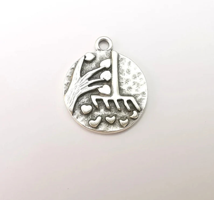 Heart Leaf Tree and Mop Charms Antique Silver Plated Charms (23x19mm) G28826