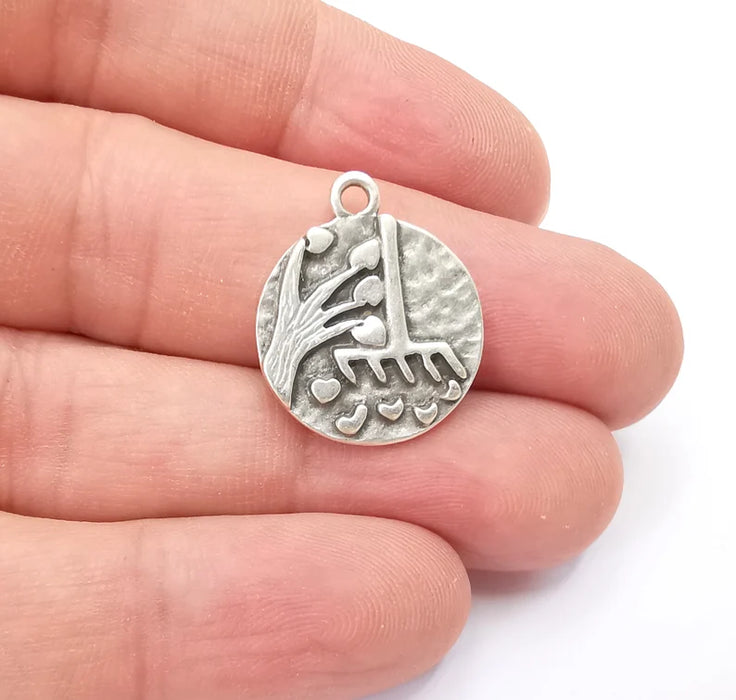 Heart Leaf Tree and Mop Charms Antique Silver Plated Charms (23x19mm) G28826