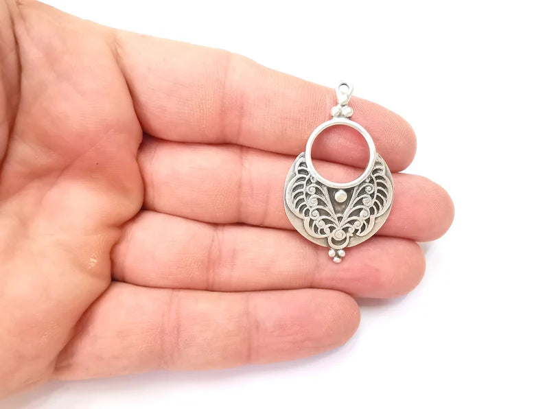 Unique Pattern Dangle Charms, Antique Silver Plated Charms (44x26mm) G28827