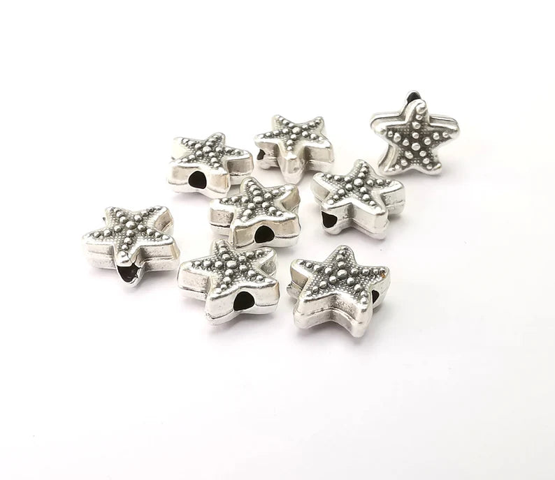 10 Starfish Beads Antique Silver Plated Metal Beads (10mm) G28832